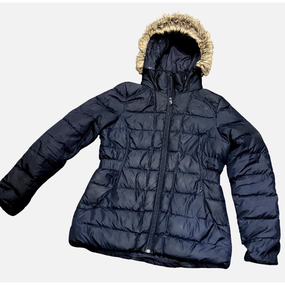 The North Face Gotham Hooded Coat 550 Navy Down Insulated Faux Fur Trim Jacket M